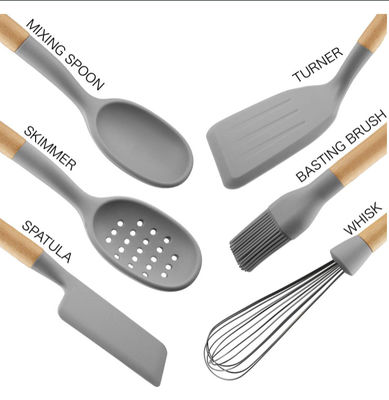 6 Piece Non Stick Silicone Kitchen Utensil Sets With Wooden Handles For Cooking