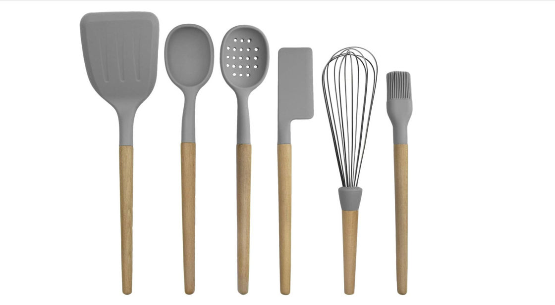 6 Piece Non Stick Silicone Kitchen Utensil Sets With Wooden Handles For Cooking